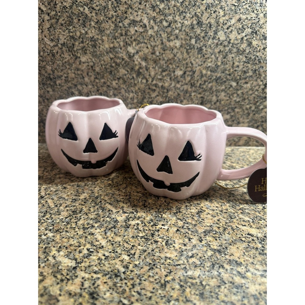 Global Design Connections Pumpkin Mugs Set‎ 2 Pink Jack-O'-Lantern 19 oz Ceramic